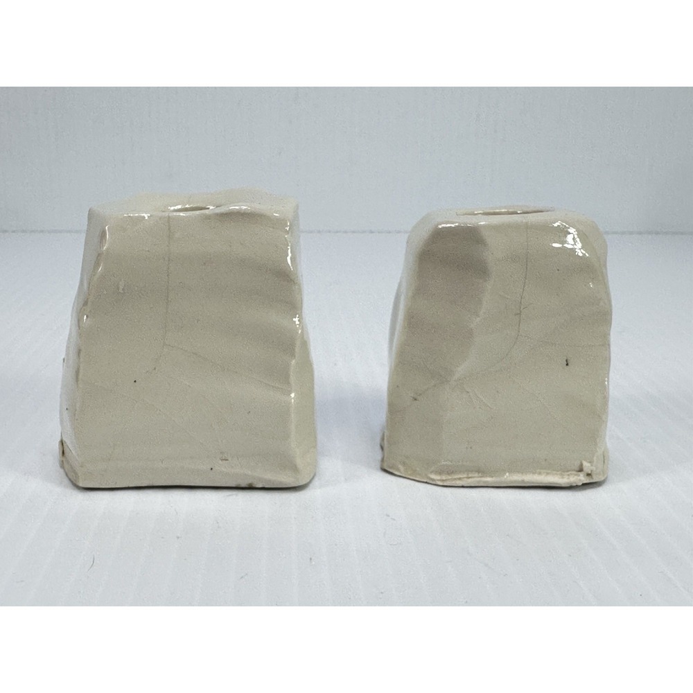 Vintage Handmade Ceramic MCM Pair Pottery Candlestick Holder Stamped SB Beige